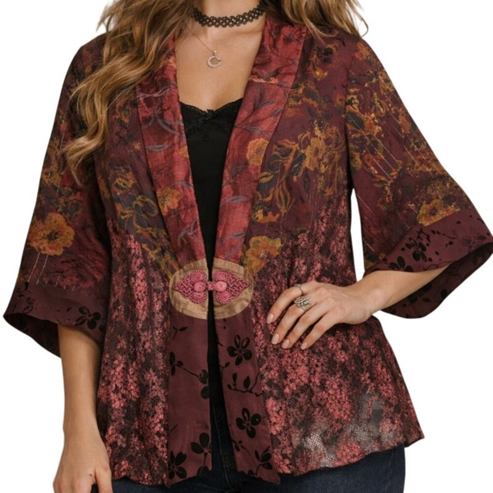 Violet Kay Satin Burnout Kimono Lace Burgundy Frog Knot Closure SZ L Whimsygoth